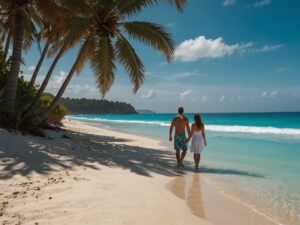 couple paysage paradisiaque avec une plage de sable blanc